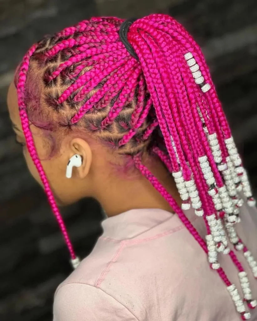 Pink Knotless Braids with Beads.