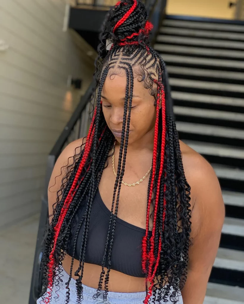 red and black knotless braids